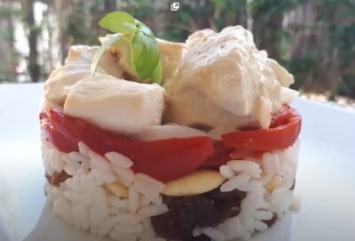 Timbal de arroz con pollo a la mostaza